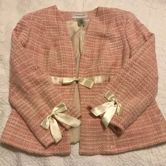 Adorable pink & cream tweed Liz Claiborne blazer with ribbons & bows (12) - Picture 7 of 16
